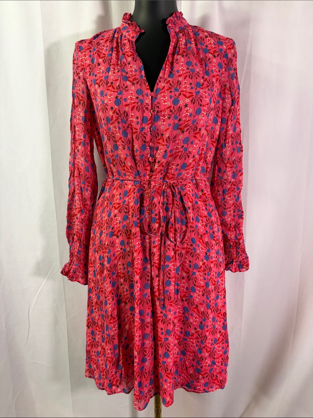 Boden Pink & Blue Floral Print Long Sleeve V-Neck Tie Waist A-Line Dress